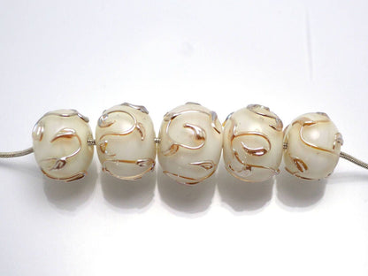 white pearl artisan lampwork bead handmade glass beads for wedding jewelry making set gold sprig twig leaf on white romantic tender earrings