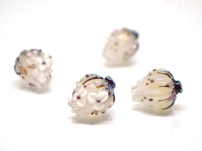 White Glass flower bouquet on lampwork bud beads, Miniature flowers, Glass miniature, Artisan lampwork, White silver glass flower beads