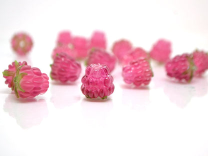 Bright pink lampwork raspberry, Frost glass berries, Lampwork raspberries, Berry fruit beads, Glass Raspberry