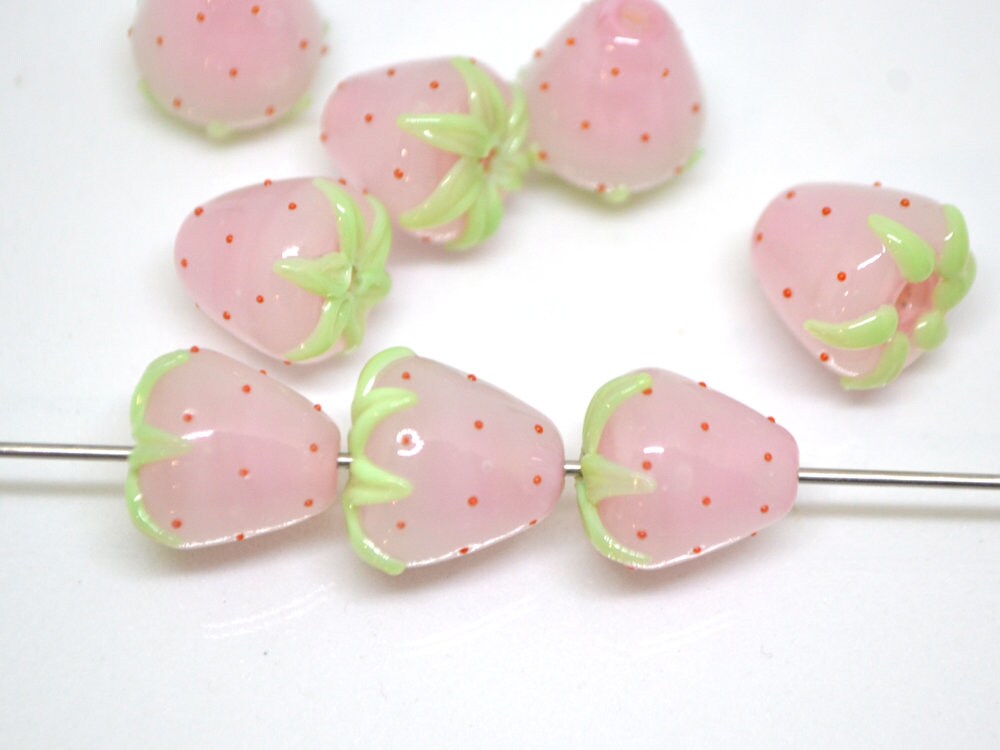 Pink Strawberry glass beads, Lampwork berries, Lampwork strawberry, Glass Berry beads, Garden beads, Nature inspired, Forest glass beads