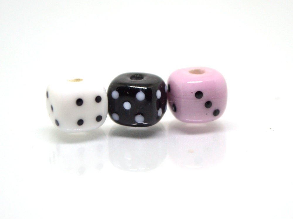 Glass dice beads, Handmade lampwork beads, 8mm glass cube beads, Funky dice glass beads, white glass dice, black dice, pink dice,opaque dice