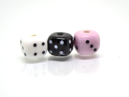 Glass dice beads, Handmade lampwork beads, 8mm glass cube beads, Funky dice glass beads, white glass dice, black dice, pink dice,opaque dice