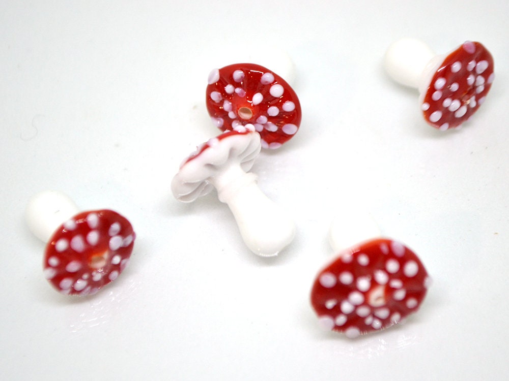 Handmade glass mushroom beads, Fly-agaric lampwork bead, Miniature Mushroom, Fall Decor, Glass Amanita bead, White mushroom beads, Forrest