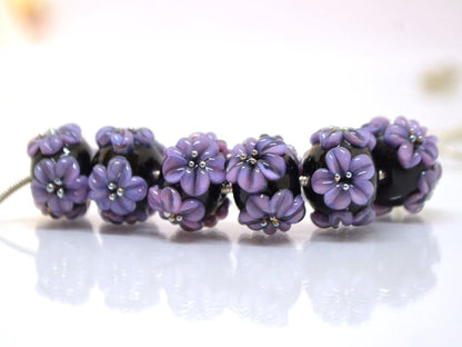 flower lampwork bead black glass beads bracelet artisan lampwork handmade glass bead black purple flower lavender flower earrings necklace