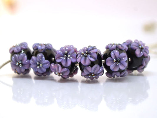 flower lampwork bead black glass beads bracelet artisan lampwork handmade glass bead black purple flower lavender flower earrings necklace