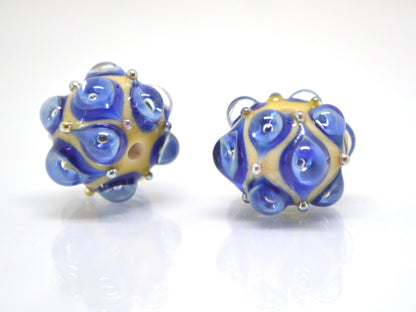 Blue beige handmade glass bead, 15 mm glass beads, Deep blue lampwork, Artisan lampwork, Beads for necklaces, Jewelry beads