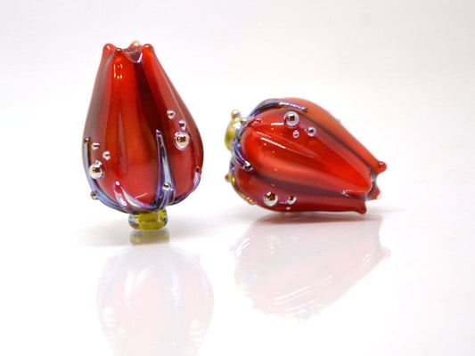 Deep red lampwork flower beads, Dark red glass floral beads, Large flower beads, Floral glass pendant, Focal lampwork