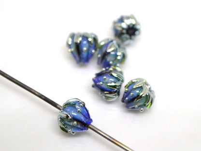 Small 7mm black blue stardust silver flower glass beads, Tiny flower beads, Mini flower beads, Beads wholesale, Artisan lampwork