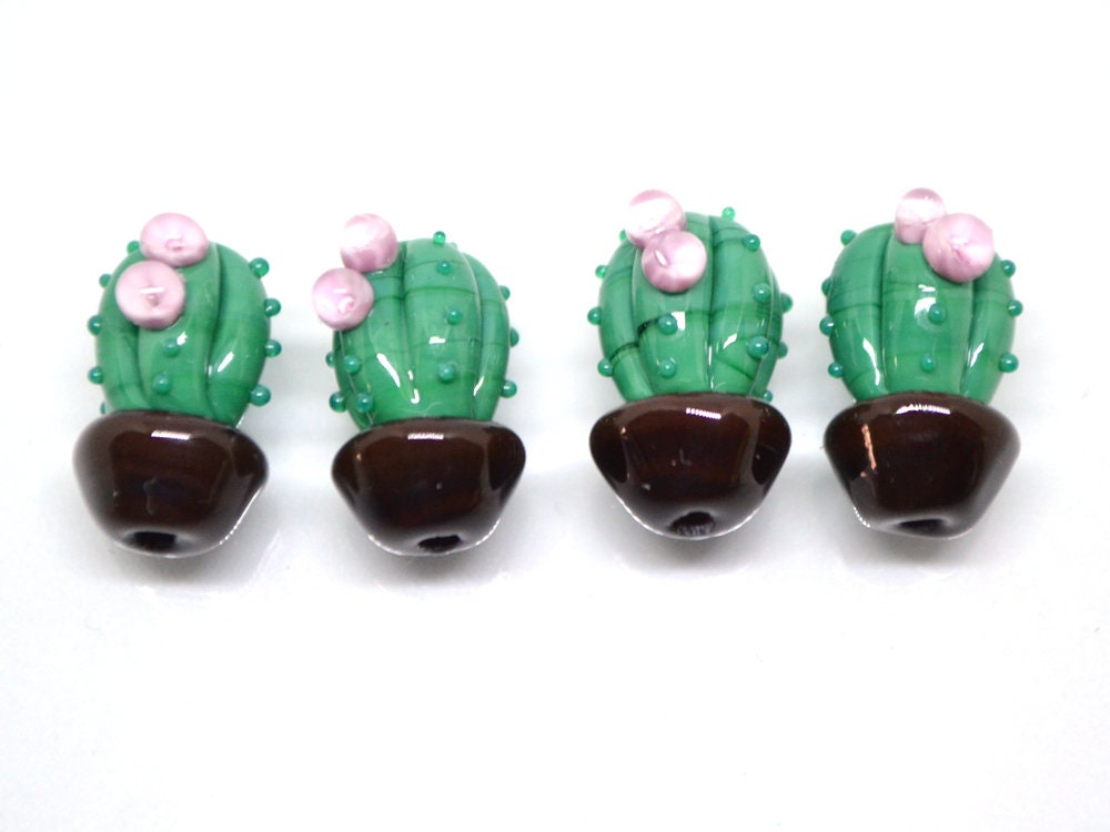 Glass cactus beads with pink flower, Dessert plants, Cactus flower in a pot pendant, Succulent beads