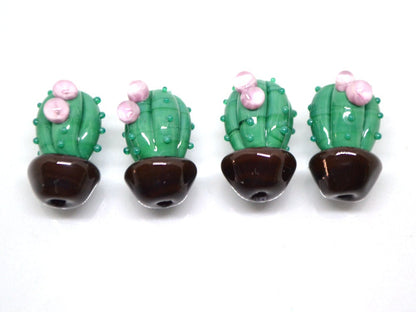 Glass cactus beads with pink flower, Dessert plants, Cactus flower in a pot pendant, Succulent beads