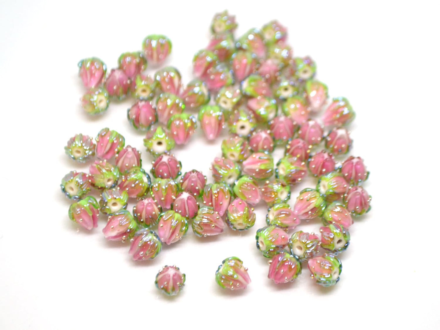 Light pink flower beads with green leaves, Tiny glass beads, through hole, 7mm flower beads, Artisan lampwork,