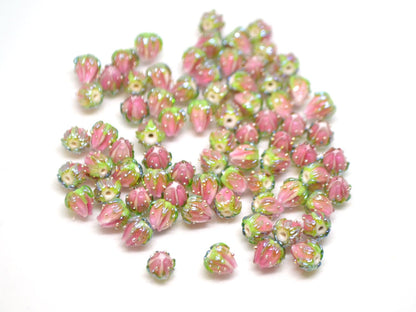 Light pink flower beads with green leaves, Tiny glass beads, through hole, 7mm flower beads, Artisan lampwork,