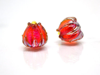 Red orange silver floral beads, Flower lampwork bead, 10mm flower beads, Lampwork flower glass beads, Artisan lampwork, bright glass beads