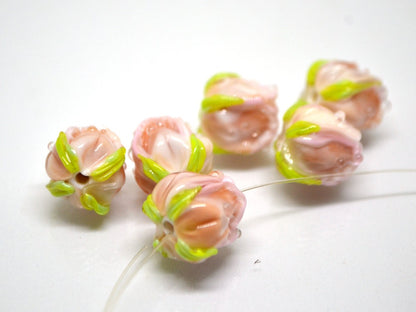 Pink powder rosebud beads, Blush pink floral lampwork, DIY Jewelry, Glass rose beads, Tender lampwork, SRA beads, Lampwork pair