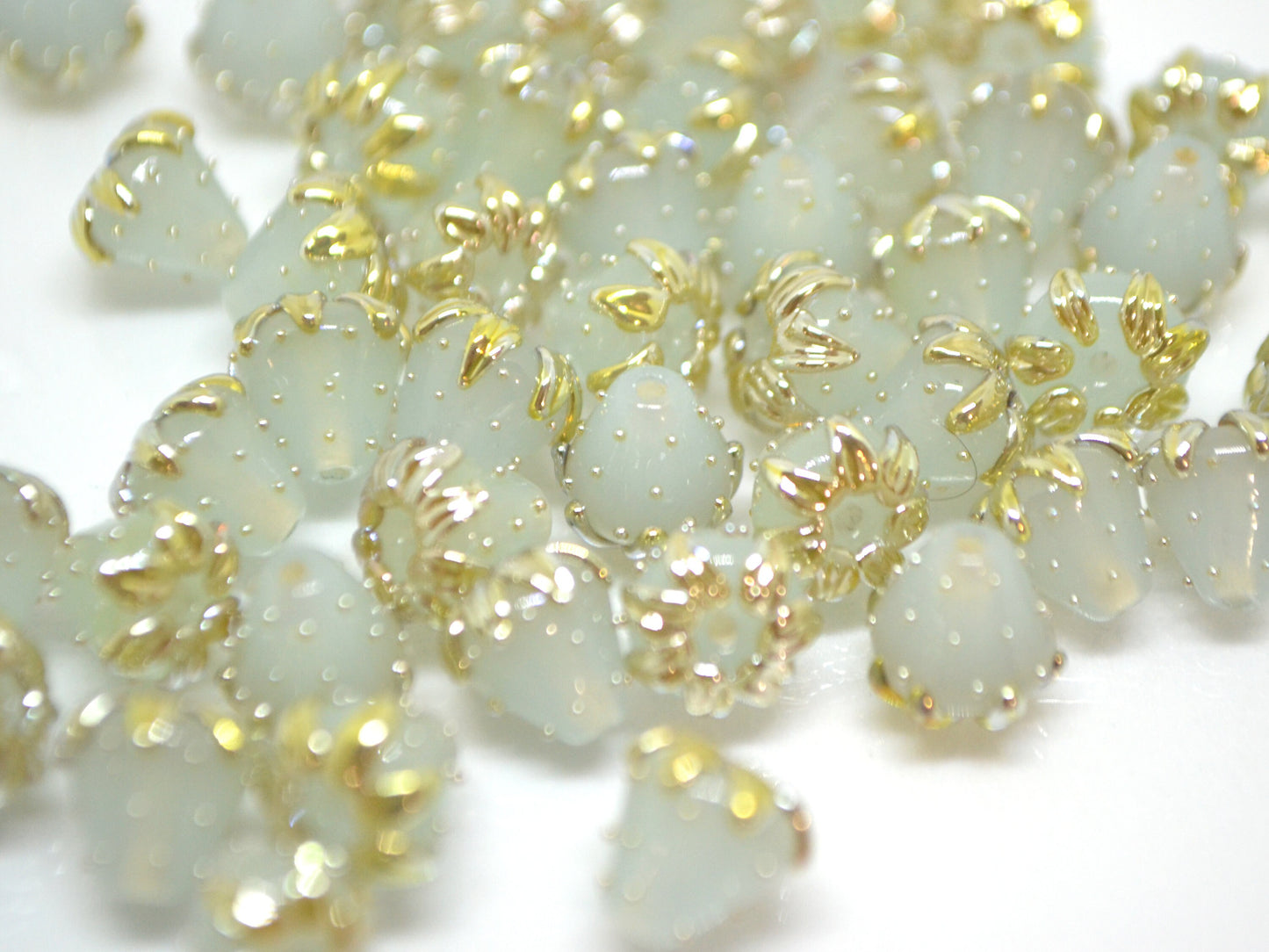 Pale blue berry beads with gold, Blue gold strawberry beads, Tiny glass beads, Blue 7mm beads, Handmade lampwork