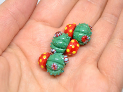 Lampwork red green cactus flower beads in red pot, Wilderness plants, Desert flower, Cactus flower pendant, Succulent beads,Artisan lampwork