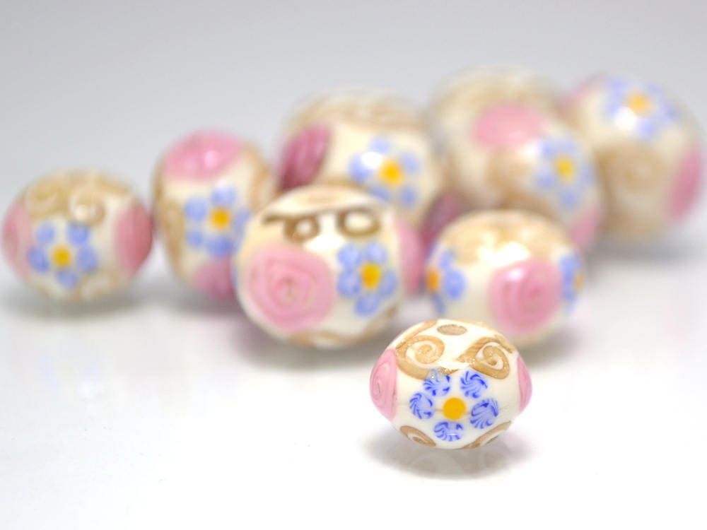 murano glass ivory lampwork ethnic beads jewelry making venetian italian handmade bead beige pink blue artisan lampwork round gold curles