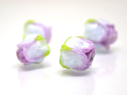 Lavender white rosebud beads, Purple flower lampwork, Glass rose beads, Spring lampwork, Artisan lampwork, Floral Jewelry, Lampwork pair