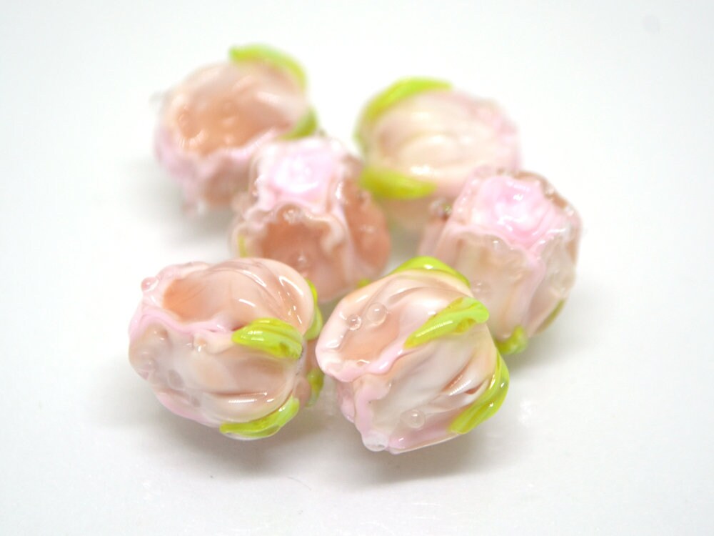 Pink powder rosebud beads, Blush pink floral lampwork, DIY Jewelry, Glass rose beads, Tender lampwork, SRA beads, Lampwork pair