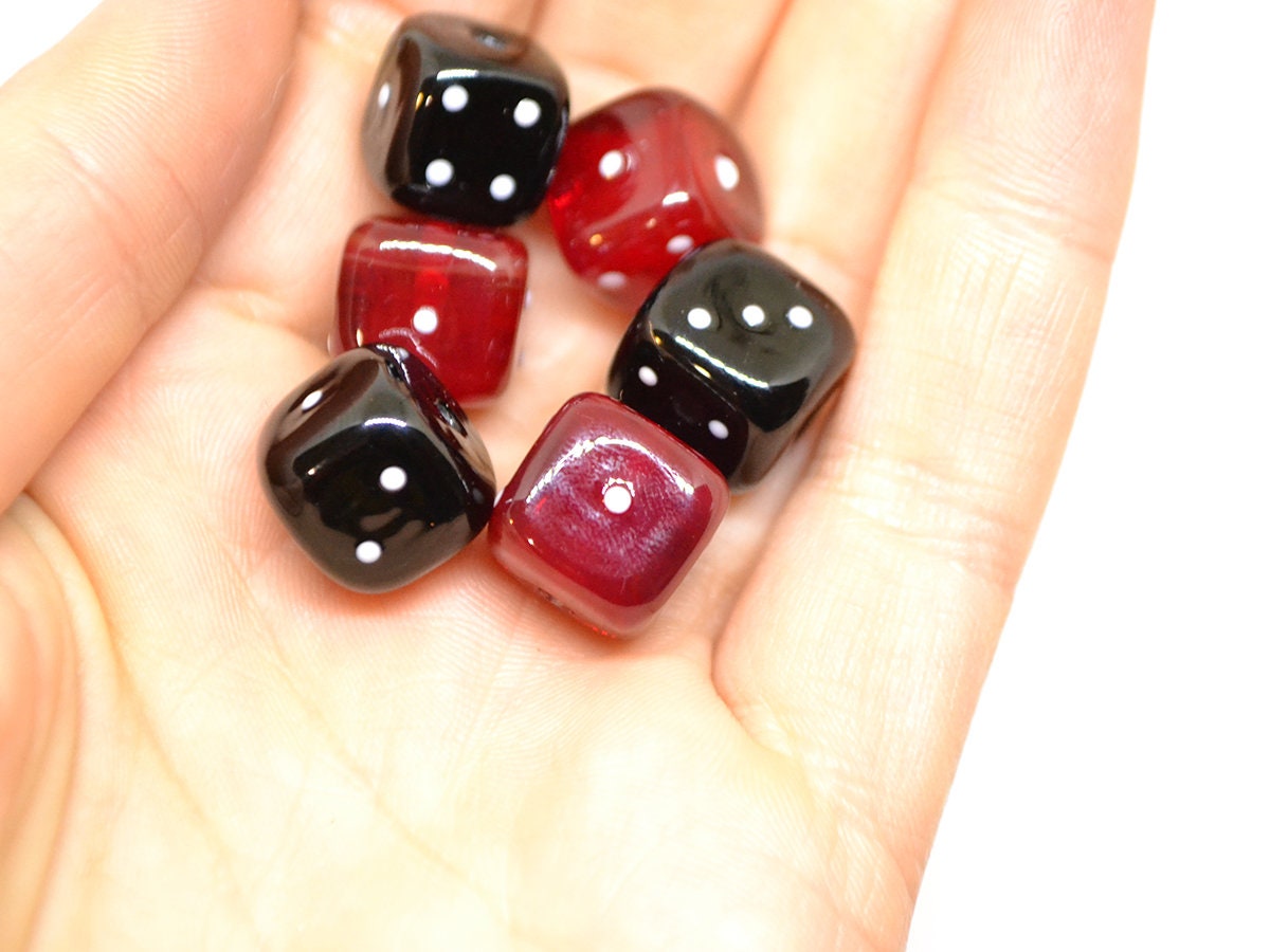 Black Red dice beads, Glass cube beads, Handmade lampwork beads, Casino lover, Funky dice glass beads, black dice, red dice
