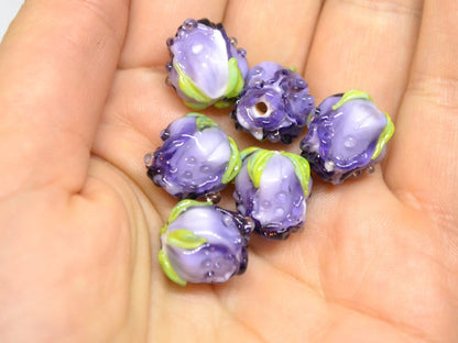 Purple rosebud beads, Violet floral lampwork, Purpure glass beads, Flower glass beads, Floral Jewelry, Jewelry glass beads, OliVerStar beads