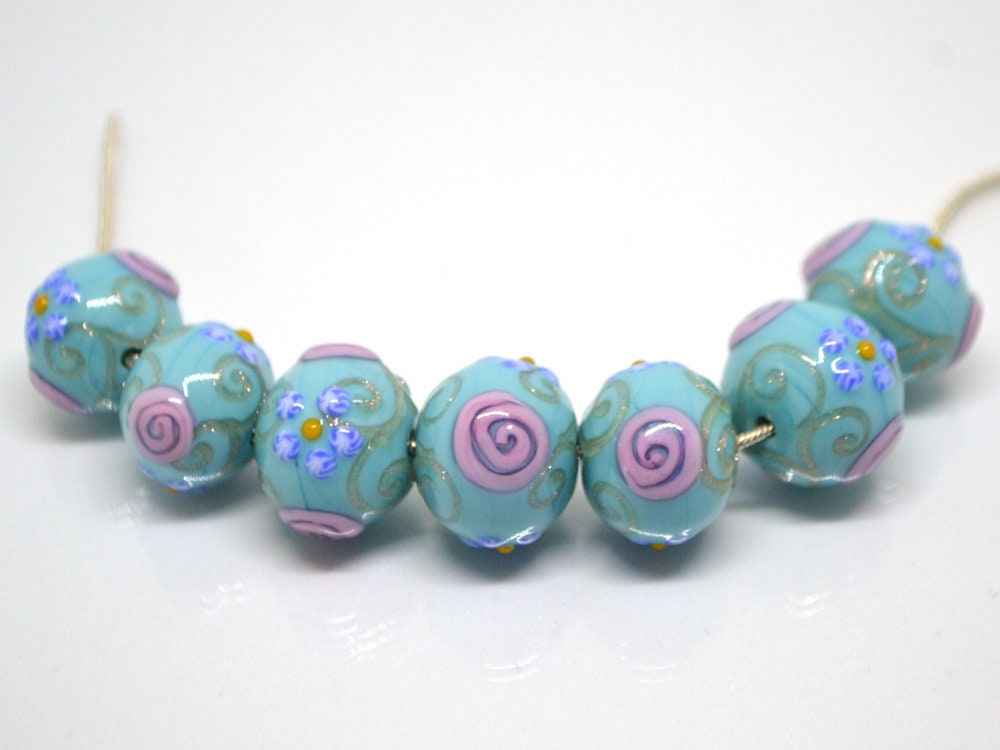Sea Blue green Glass beads, Venetian Glass,  Vintage beads, Bohemian glass, Vintage jewelry, Beads for necklace, Artisan lampwork, flower