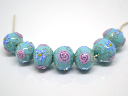 Sea Blue green Glass beads, Venetian Glass,  Vintage beads, Bohemian glass, Vintage jewelry, Beads for necklace, Artisan lampwork, flower
