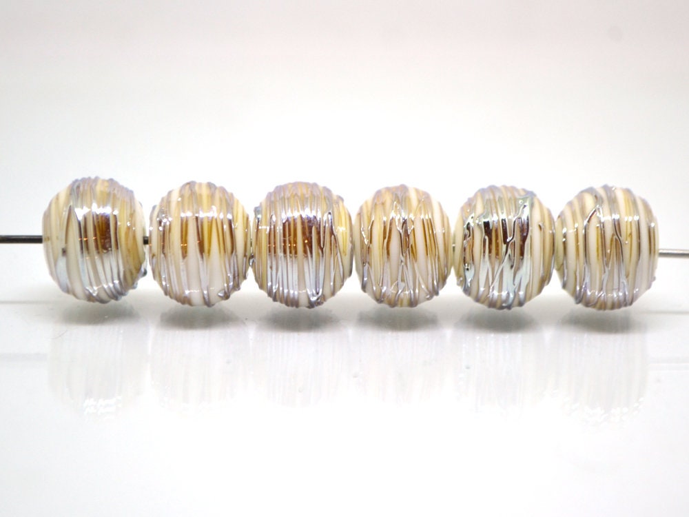 White and gold lampwork glass Beads, Stripes beads, Silver Stains beads, electric beads, Artisan lampwork, Handmade glass beads, beige beads
