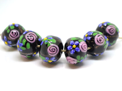 Ethnic black Glass beads, Venetian Glass, Vintage bead jewelry, Black pink glass beads, Artisan lampwork, flower, hutsul beads