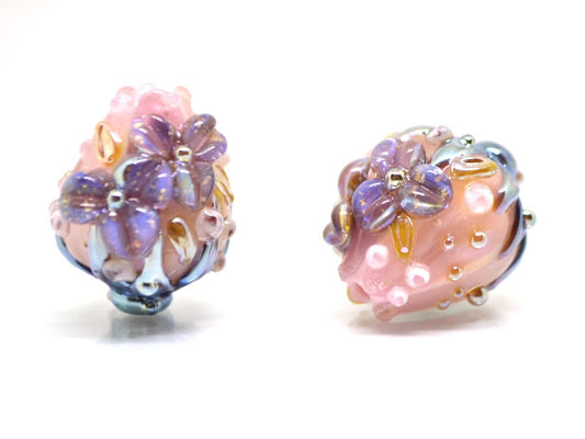Pink lavender flower bouquet bud beads, Glass Flower beads, Floral lampwork, 3d Flower beads, Miniature glass flowers, Artisan lampwork bead