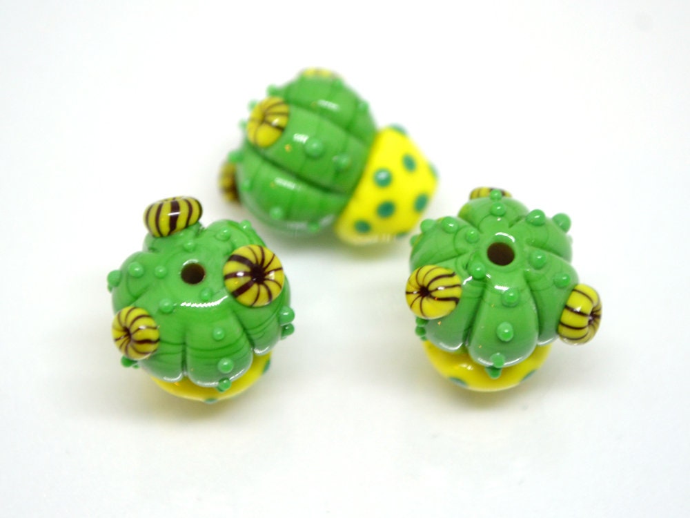 Lampwork cactus beads with yellow pot, Wilderness plants, Cactus yellow flower pendant, Succulent beads, Artisan lampwork