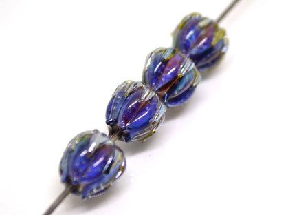 Amazing black blue silver flower beads, Lampwork bud beads, Floral lampwork, 10mm flower beads, Artisan lampwork, galaxy glass beads,netting