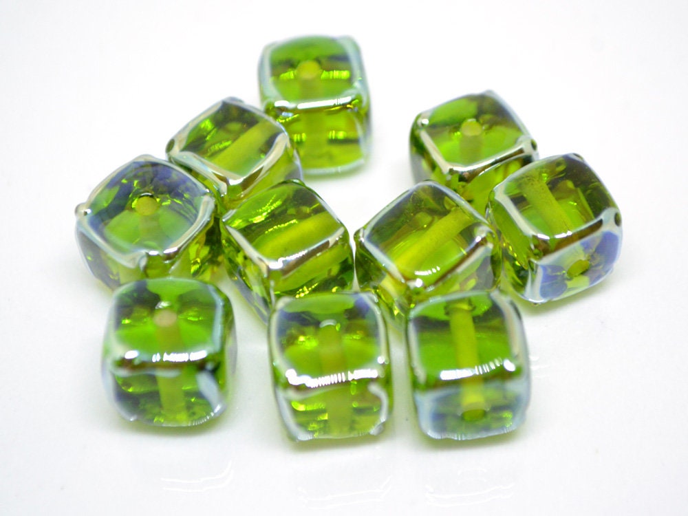 Salad green glass beads, Verdant green beads, Handmade green cube beads, Lampwork cube bead, Square lampwork bead, Geometry lampwork