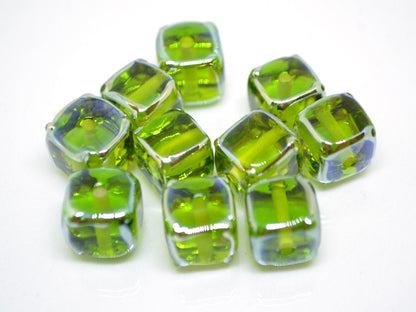 Salad green glass beads, Verdant green beads, Handmade green cube beads, Lampwork cube bead, Square lampwork bead, Geometry lampwork