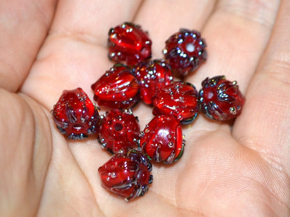 Bright red sparkle flower beads with silver dots, Floral lampwork, 10mm glass beads