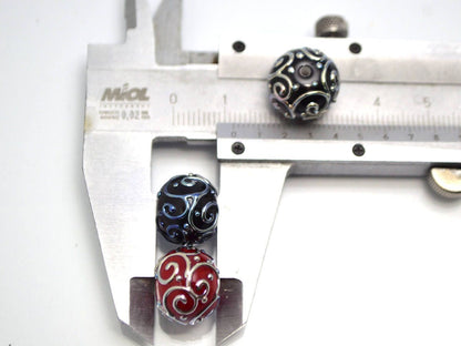 black red lampwork handmade bead artisan lampwork bead set jewelry making round bead silver curl dots red and black glass lampwork beads