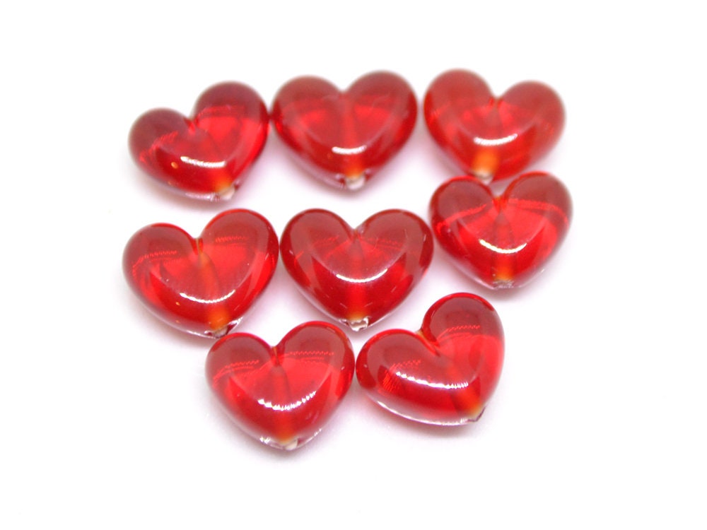 Small red heart beads, Lampwork heart, Flat heart beads, Red glass beads, Glass heart shape bead, Heart jewelry making, Artisan lampwork