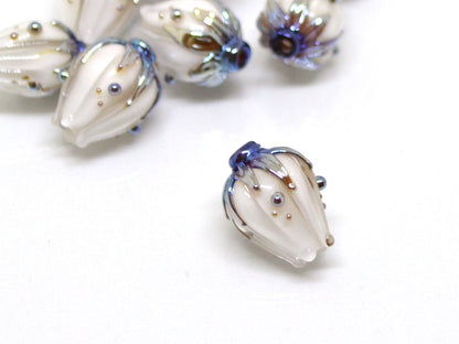 White flower glass beads, White blue gold lampwork beads handmade, Wedding jewelry making Beads for earrings Flower pendant Artisan lampwork