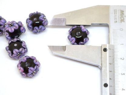 flower lampwork bead black glass beads bracelet artisan lampwork handmade glass bead black purple flower lavender flower earrings necklace