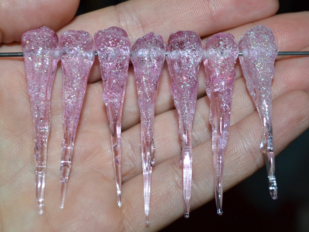 Pink Icicle Glass Beads, Christmas Beads, Transparent Glass beads, Snow Lampwork, Mini christmas tree decor, Holiday beads, Artisan lampwork