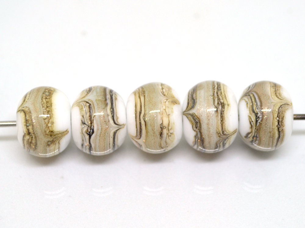 White and Gold lampwork beads, White glass beads, Gold sand Glass beads, Artisan lampwork, White lampwork beads, Handmade Beads set