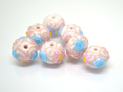 white murano glass lampwork, ethnic beads with flowers and curles, jewelry making venetian italian handmade beads