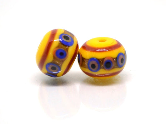 Yellow glass beads, red srtipes, Yellow lampwork beads, Rondelle glass beads, Blue dots, devil eye beads, Handmade beads