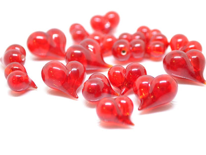 Red heart charm beads, Lampwork heart, Red glass beads, Glass heart shape bead, Murano style bead, Half-drilled beads, Artisan lampwork