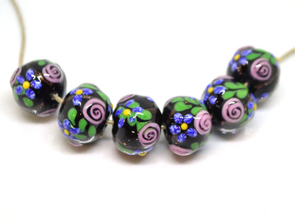 Ethnic black Glass beads, Venetian Glass, Vintage bead jewelry, Black pink glass beads, Artisan lampwork, flower, hutsul beads