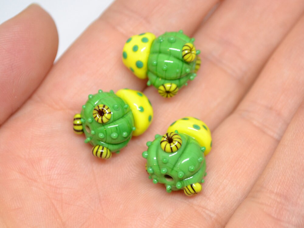 Lampwork cactus beads with yellow pot, Wilderness plants, Cactus yellow flower pendant, Succulent beads, Artisan lampwork