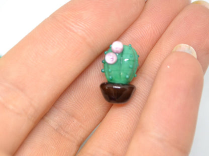 Glass cactus beads with pink flower, Dessert plants, Cactus flower in a pot pendant, Succulent beads