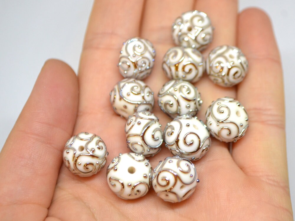 White beads with silver curls, Glass art beads, Handmade lampwork beads, Artisan lampwork Set, Round beads, Jewelry making, Beads set
