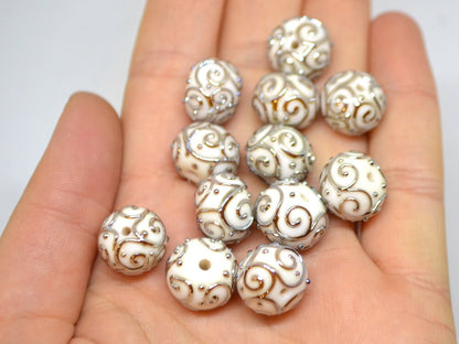 White beads with silver curls, Glass art beads, Handmade lampwork beads, Artisan lampwork Set, Round beads, Jewelry making, Beads set