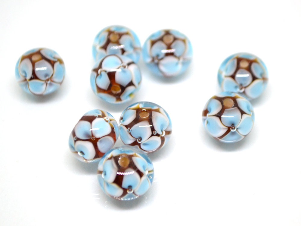Blue 3d flowers on topaz beads, Rondelle beads, Blue flower Glass beads, Murano glass beads, Artisan lampwork